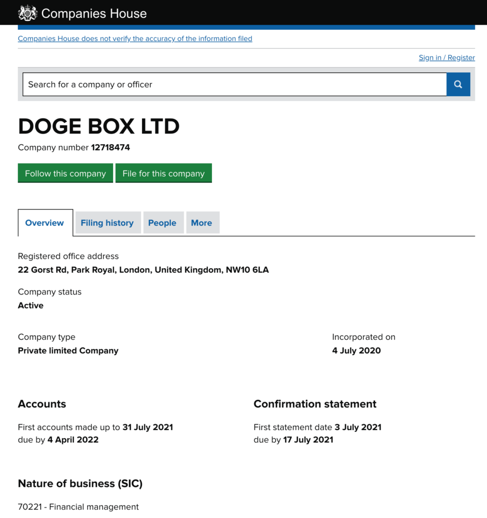 DogeBox.ltd registration